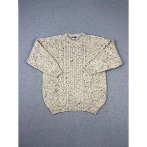 Vintage Aran Craft Sweater Mens L Biege Cable Knit Fisherman 100% Wool Crew Neck
